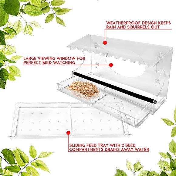 XL Window Bird Feeder-Extended Roof- Steel Perch-Sliding Feed Tray Drains Water - Picture 6 of 6